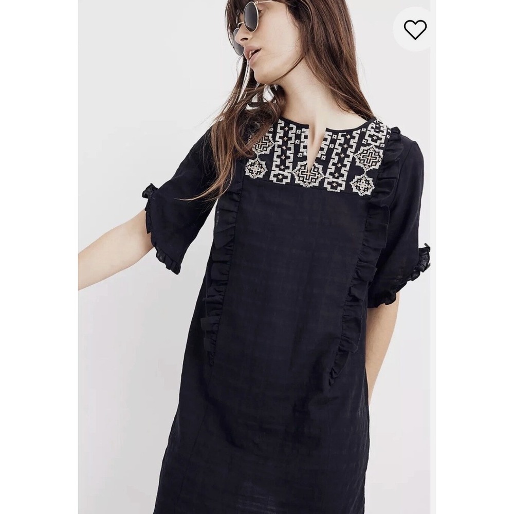Madewell Black Embroidered Ruffle Shift Dress Cotton Boho Small